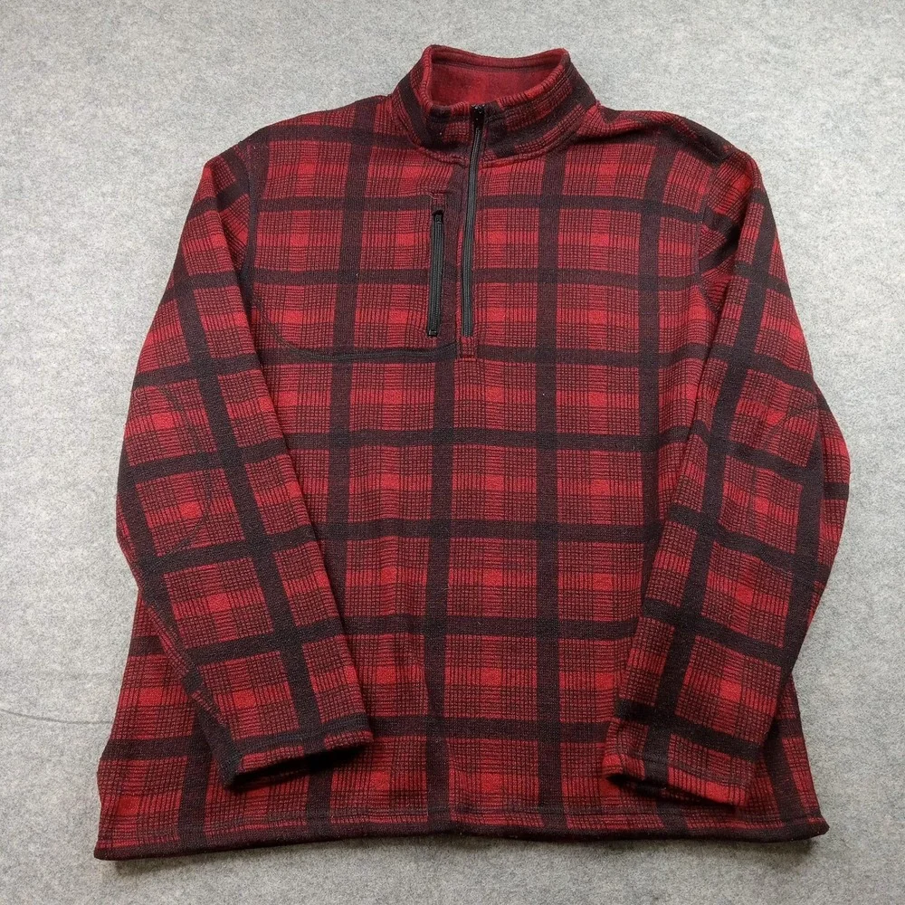 Mack Russo Sweater Mens 2XL Red Plaid Fleece Quarter Zip Mock Neck Pockets‎